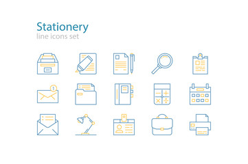 Office stationery  icons. Blue and yellow. Line art. Stock vector.