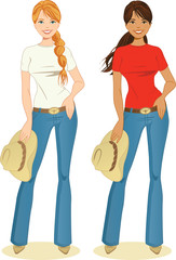 Young cowgirls wearing jeans, t-shirts, cowboy hats, and boots