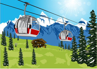 wonderful summer scenery with ski lift cable booth or car