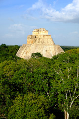 Fototapeta na wymiar Landscape vertical view of Uxmal archeological site with pyramid