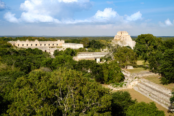 Fototapeta na wymiar Landscape view of Uxmal archeological site with pyramids and rui