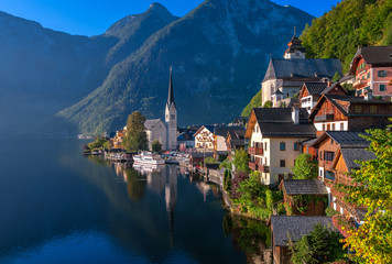Idyllic alpine lake village Hallstatt, Salzkammergut in Alps mountains,  Austria