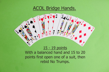 ACOL Contract Bridge Hand. With  a balanced hand And 15 to 19 points first open one of a suit, then rebid no trumps.