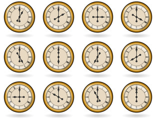 Set of antique clocksfor business hours with roman numbers. Vector isolated on white