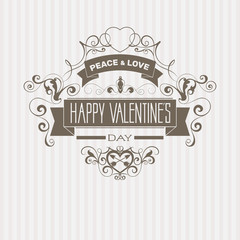 Modern badge style brown color scheme Happy Valentine's day greetings card on light- background with swirls decoration. Flat design element. Bright mood.