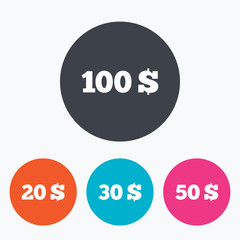 Money in Dollars icons. Hundred, fifty USD.
