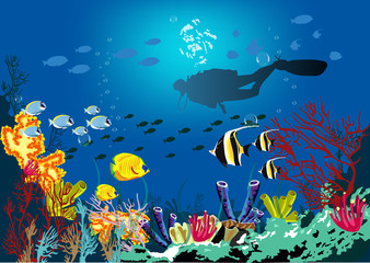 Coral reef with various species of fish and silhouette of diver over blue sea background.
