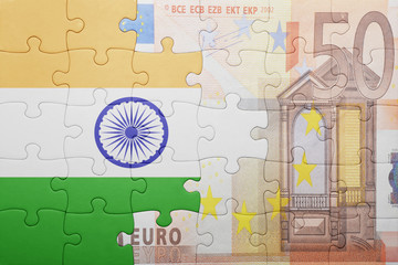 puzzle with the national flag of india and euro banknote