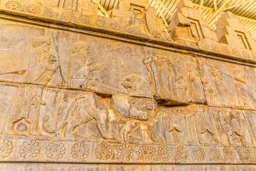 Stone bas-relief of residents of historical empire with animals carved on the stairway facade of the Apadana at the old city Persepolis.