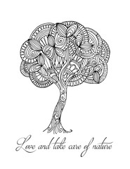 Hand-drawn illustrations. Abstract black and white tree. Postcard love and take care  of nature.