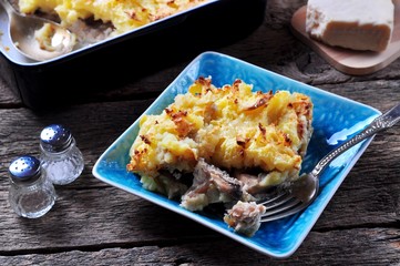 potato casserole with chicken, mushroom, onions and parmesan cheese.
