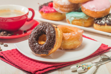 Donuts on a plate and coffee