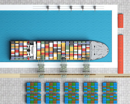 unloading of cargo ship top view