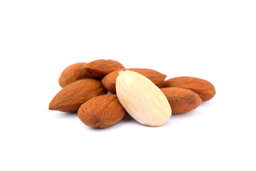 shelled almonds on a white background