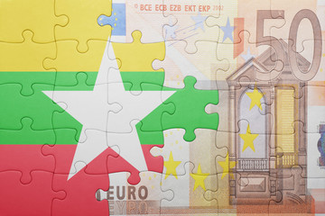 puzzle with the national flag of myanmar and euro banknote