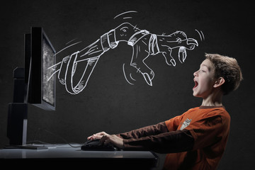 enfant jouant jeu vidéo avec dessin humoristique