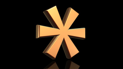 Asterisk symbol in gold, sign isolated on black background