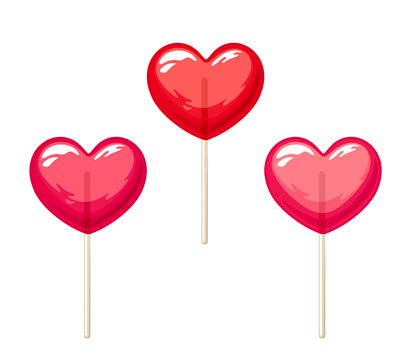 Vector set of three red and pink Valentine's heart lollipops isolated on a white background.