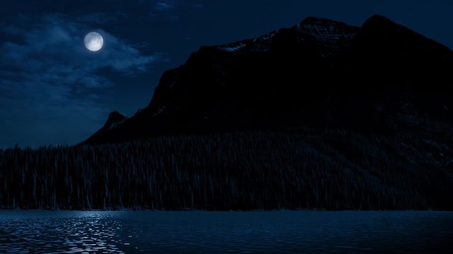 Mountains And Lake With Full Moon