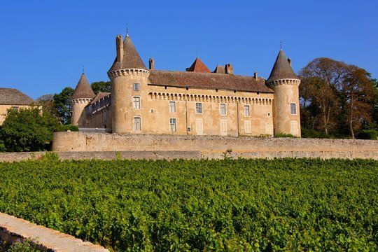 Medieval castle surrounded by the beautiful vineyards of Burgundy, France