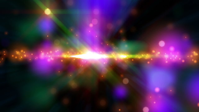 Psychedelic Stars (24fps). Vibrant colorful random lights flickering flashing and streaking. The camera moves through layers of bokeh star particles, creating a trippy and psychedelic background.