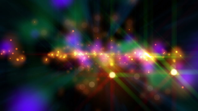 Psychedelic Stars (25fps). Vibrant colorful random lights flickering flashing and streaking. The camera moves through layers of bokeh star particles, creating a trippy and psychedelic background.