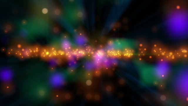 Psychedelic Stars (60fps). Vibrant colorful random lights flickering flashing and streaking. The camera moves through layers of bokeh star particles, creating a trippy and psychedelic background.