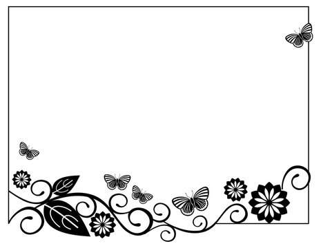 Horizontal black and white frame with butterflies