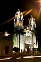 Cathedral of San Gervasio in Valladolid, Mexico at night 