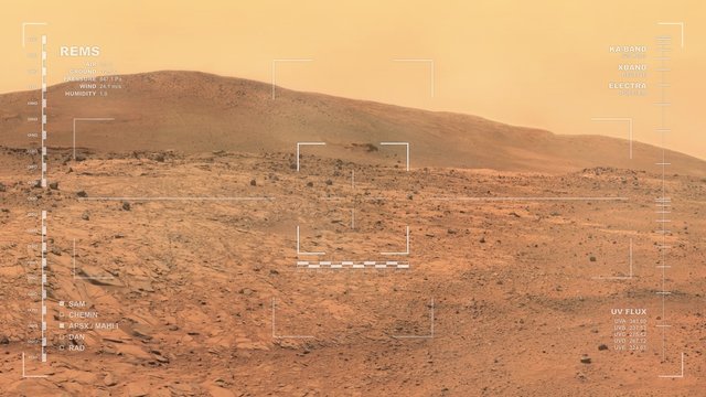 Mars rover camera panning shot of moderate dust storm at Tuskegee Crater. Scientifically accurate HUD. Data: JPL/NASA. 