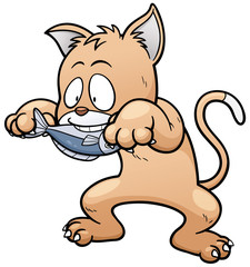 Vector illustration of Cartoon Cat eating fish