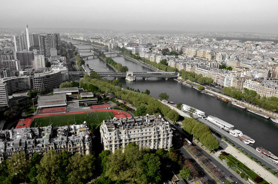 Aerial view of Paris and Seine river from Eiffel tower