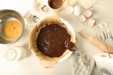 Uncooked chocolate pie on a table
