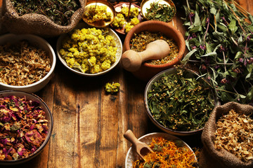 Assortment of dry medicinal herbs in bowls on wooden background top view