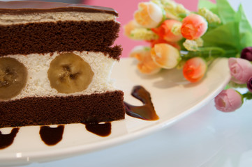 Delicious banana chocolate cake with beautiful background