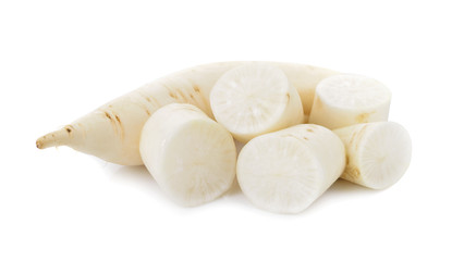 portion cut of white radish on white background