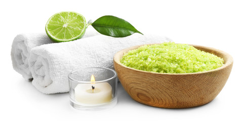 Relaxing spa set on white background, close up