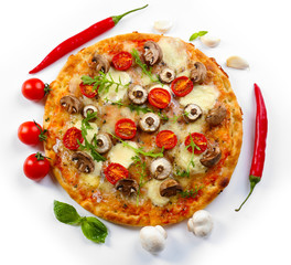Delicious pizza and vegetables isolated on white background