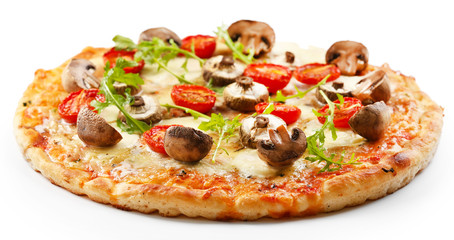 Tasty pizza with mushrooms and tomatoes isolated on white background