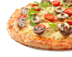 Tasty pizza with mushrooms and tomatoes isolated on white background, close up