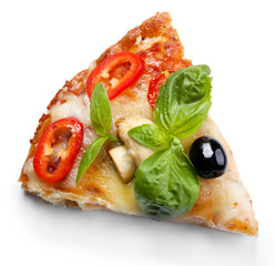 Slice of delicious pizza isolated on white background, close up