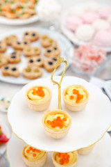 Set of cold snacks, canape and dessert, closeup