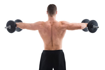 Obraz na płótnie Canvas Rear View Of Muscular Man Lifting Dumbbells