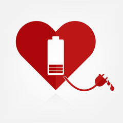 Flat design red hearts with low battery charger sign and power line.