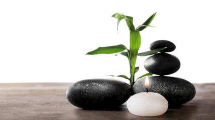Spa still life with green plant, pebbles and candlelight on white background