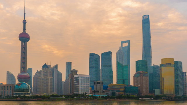 Sunrise Skyline view from Bund waterfront on Pudong New Area- the business quarter of Shanghai .