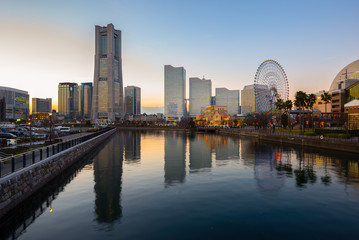 Fototapeta na wymiar View of Yokohama city at sunset in Japan