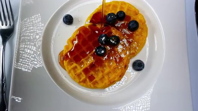 Breakfast Waffles Blueberries and Syrup 4K 
