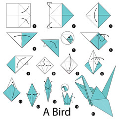 step by step instructions how to make origami A Bird. - obrazy, fototapety, plakaty