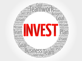 Invest circle stamp word cloud, business concept